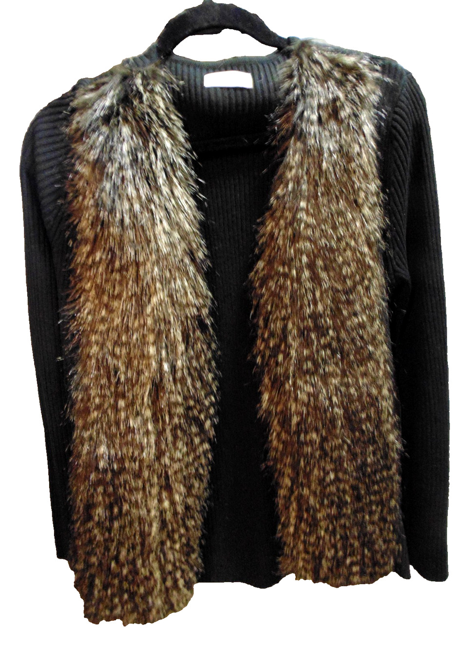 Calvin Klein Black Silver Fox Faux Fur Trim Open Front Sweater Cardigan M Petite